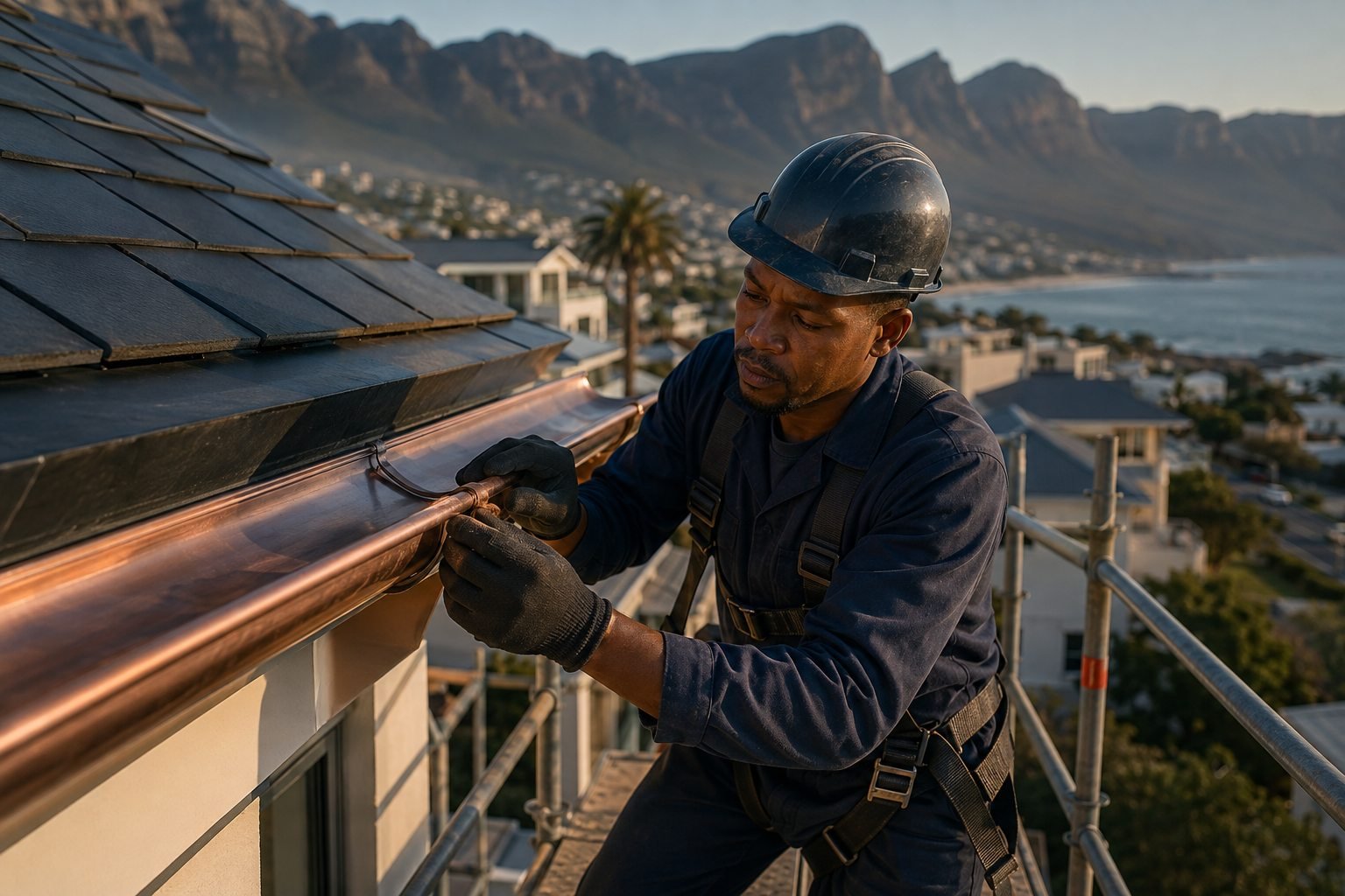 Roofing professional inspecting a gutter joint from a protected scaffold platform.