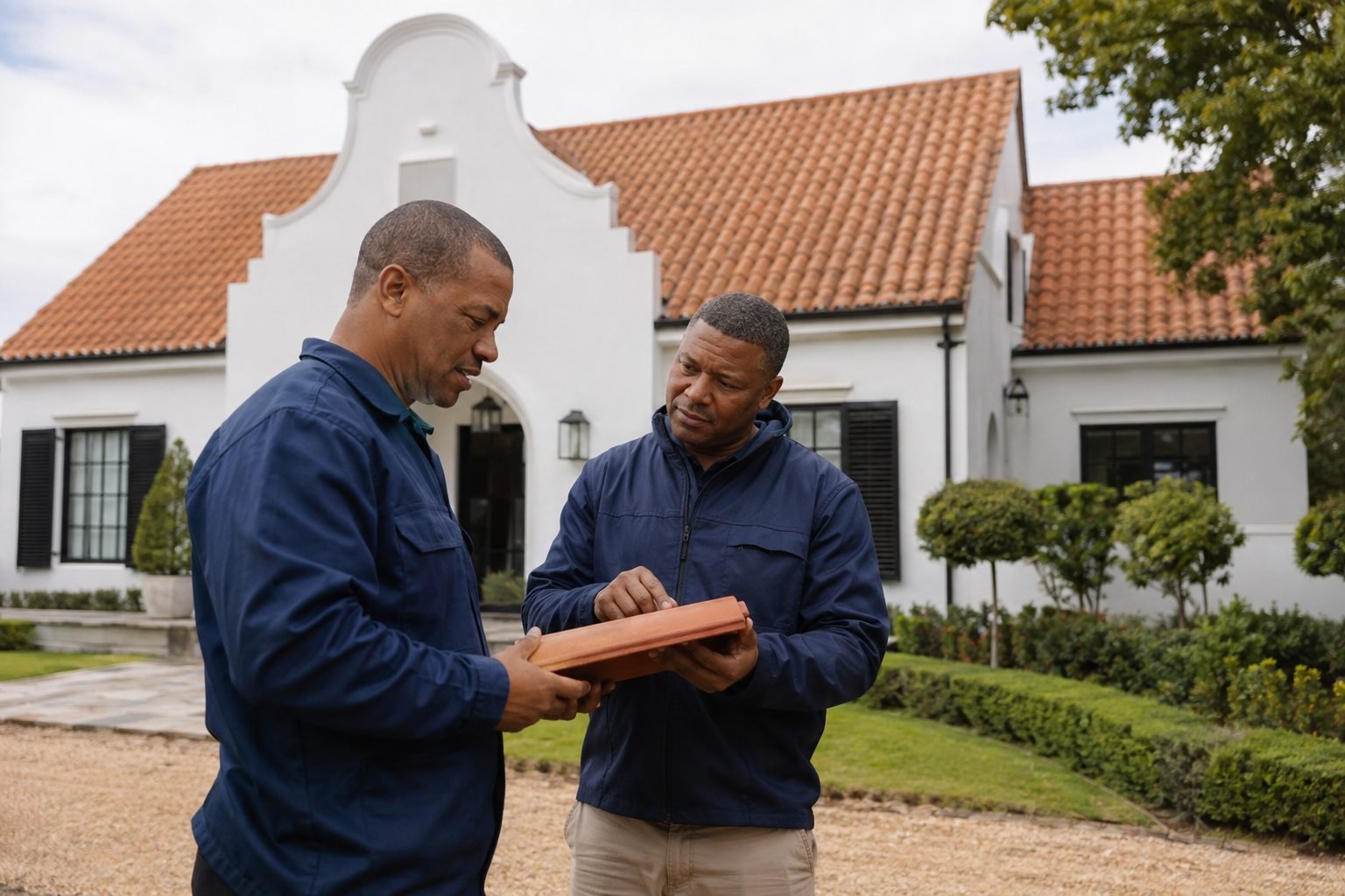 Roofing professionals discussing a tile sample outside a Cape Town home.